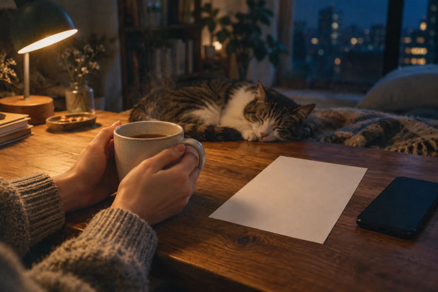 夜のテーブルで温かいマグを両手で包む人の手元。白紙の便箋と画面の消えたスマートフォンが置かれ、奥で猫が眠っている
