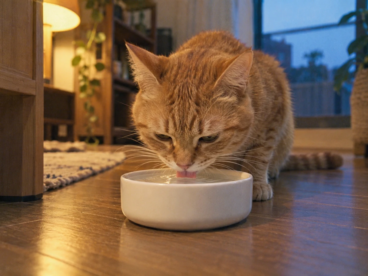 今日の一枚の見本：白い器から水を飲む茶トラの猫