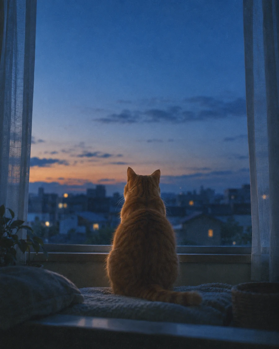 日没直後の青い空を背に、窓辺に座って外を見る茶トラの猫の後ろ姿